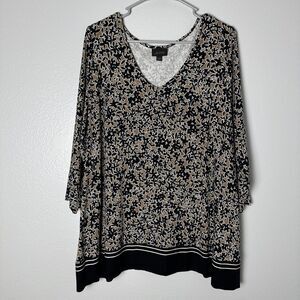 J Jill Wearever Size (XL) Women's Top Black Tan Floral Rayon 3/4 Sleeve Tunic